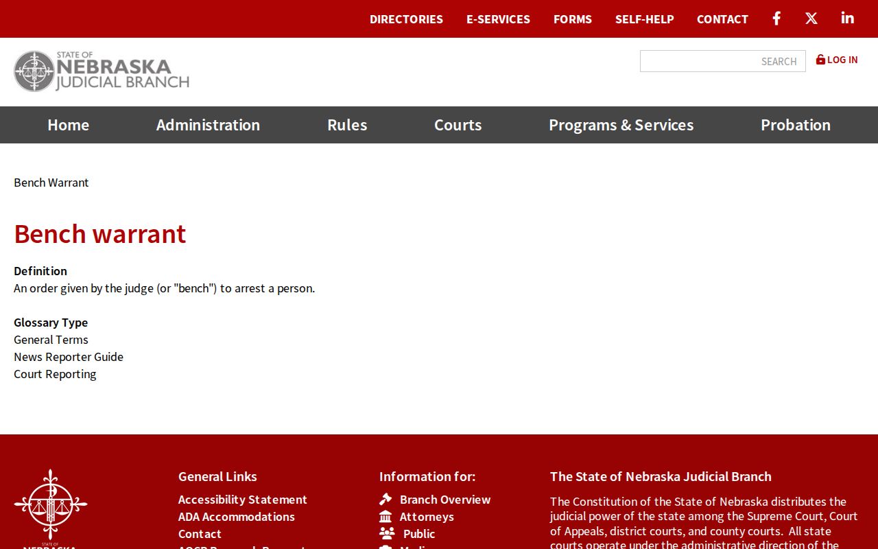 Pierce County bench warrants, official Nebraska bench-warrant definition