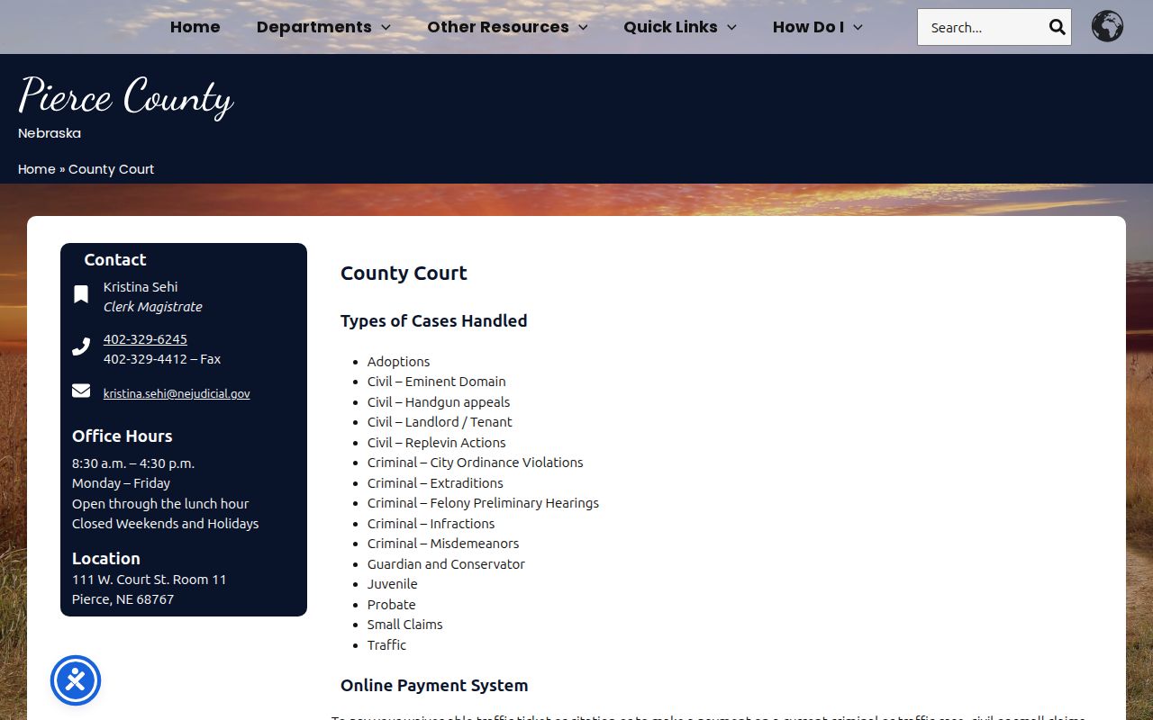 Pierce County warrant records, Nebraska Judicial Branch County Court profile